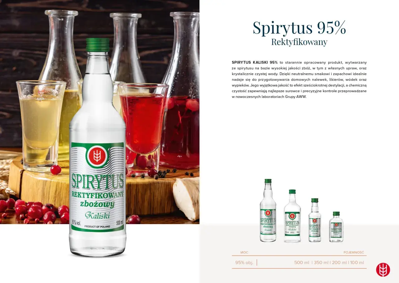 Duch puszczy w butelce: czysty spirytus zbożowy Kaliski 95%, idealny do nalewek i wypieków.