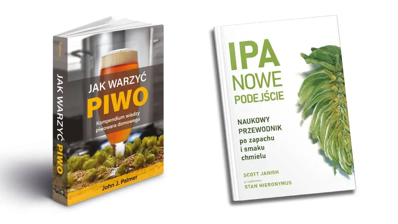Dwie książki o warzeniu piwa: "Jak warzyć piwo" z kieliszkiem piwa i chmielem oraz "IPA nowe podejście" z chmielem.