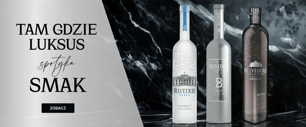 Trzy butelki luksusowej wódki Belvedere na tle marmuru. "Tam gdzie luksus spotyka smak" - idealny opis dla tego wykwintnego alkoholu.