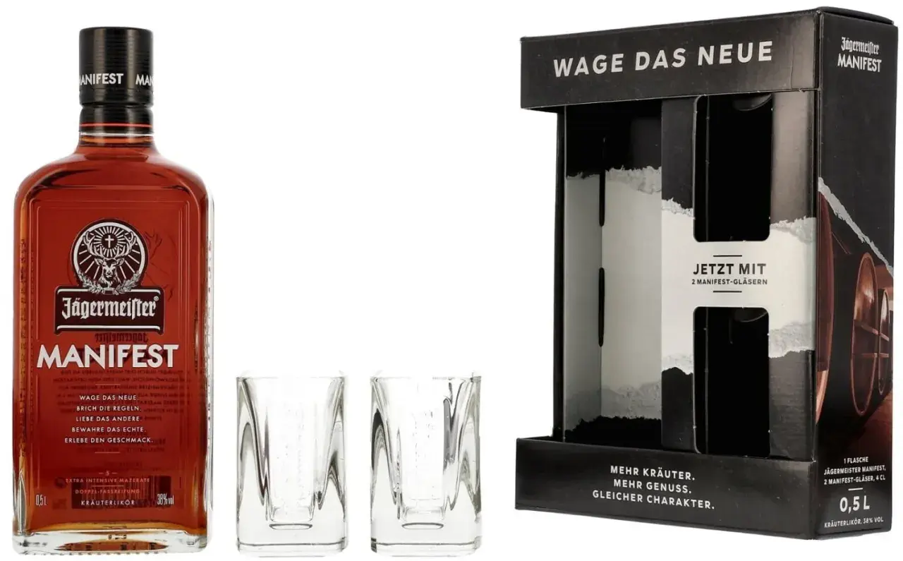 Zestaw Jägermeister Manifest: butelka 0,5l i dwa kieliszki. "Wage das neue" - odważ się na nowy Jägermeister Manifest.