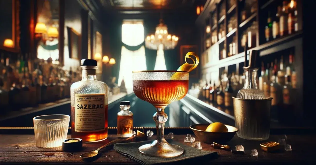 Elegancki Sazerac w kieliszku, obok butelka z etykietą "Sazerac", cytryna i lód. Klimatyczny bar w tle.
