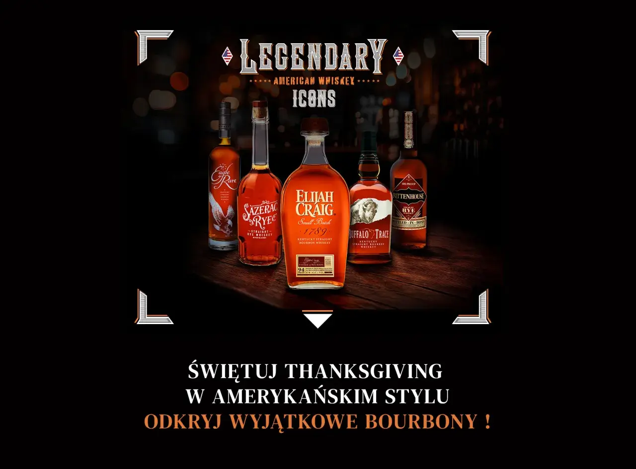 Butelki whiskey: Eagle Rare, Sazerac Rye, Elijah Craig, Buffalo Trace i Rittenhouse. Świętuj Thanksgiving w amerykańskim stylu.