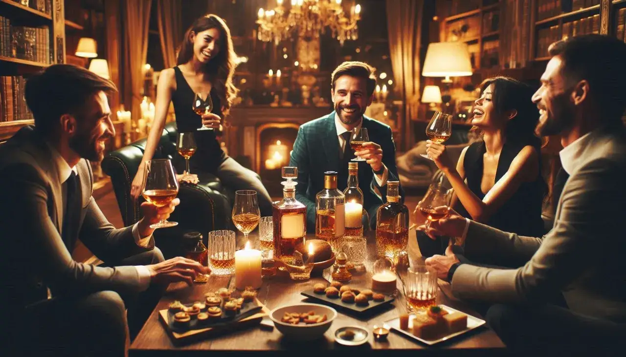 Elegancka grupa świętuje międzynarodowy dzień whisky w przytulnym salonie, wznosząc kieliszki z bursztynowym trunkiem.