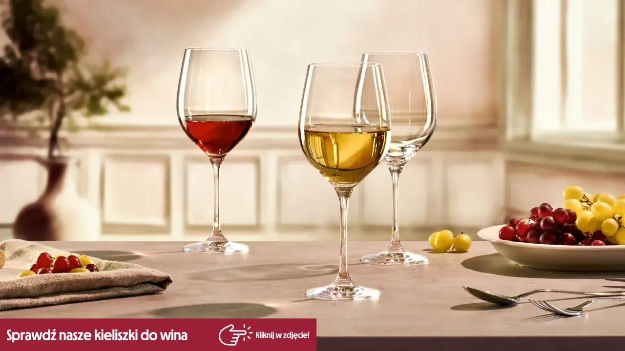 Trzy kieliszki z winem: czerwonym, białym i pusty. Obok talerz z winogronami. Idealne do degustacji białego wina.