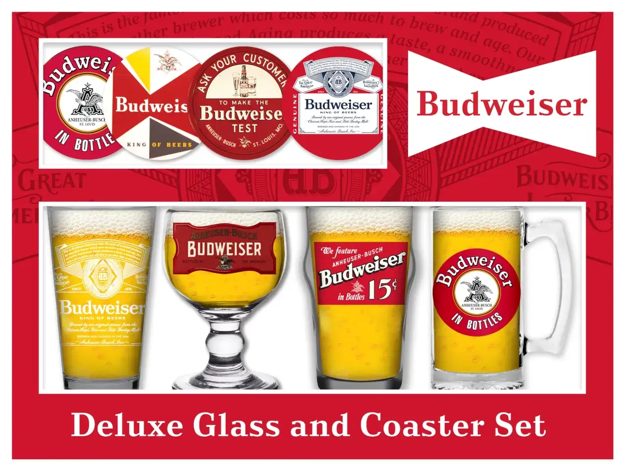 Kolekcja piwa Budweiser: cztery szklanki z piwem i podstawki. Król piw, zawsze w butelce.