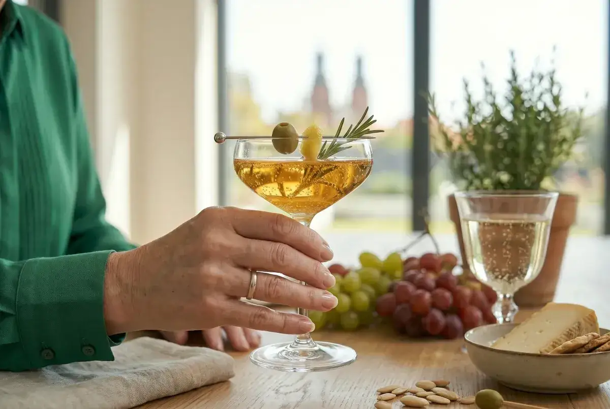 Eleganckie kieliszki z bąbelkami, które mogą być wypełnione prosecco, stoją obok winogron i sera.