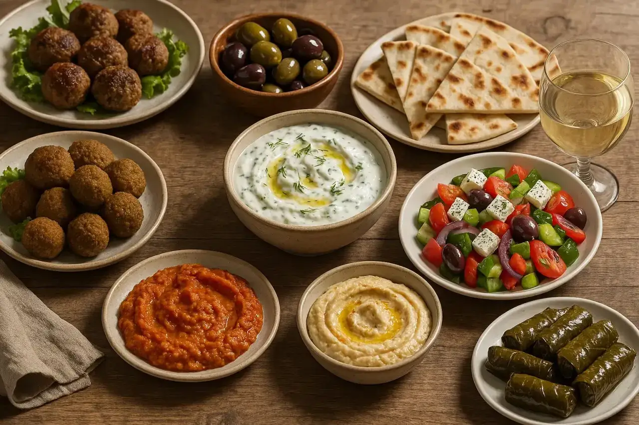 Grecka uczta: kotleciki, oliwki, sałatka, hummus, sos czosnkowy, gołąbki w liściach winogron i chlebki pita. Idealne do piwa w stylu mythos piwo.