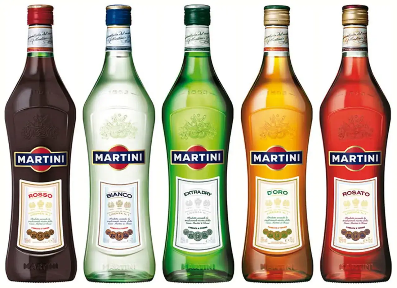 Pięć butelek Martini: Rosso, Bianco, Extra Dry, D'Oro i Rosato. Różne rodzaje Martini na białym tle.