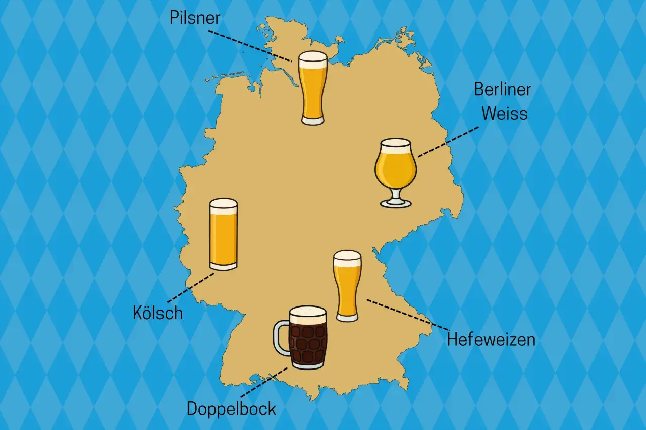 Mapa Niemiec z zaznaczonymi rodzajami: Pilsner, Berliner Weiss, Kölsch, Hefeweizen i Doppelbock. To prawdziwa uczta dla miłośników niemieckiego piwa!