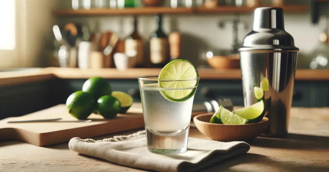 Szklaneczka z drinkiem, plasterek limonki, kilka świeżych limonek i shaker. Idealny zestaw na wieczór, by poczuć smak kamikaze alkohol.